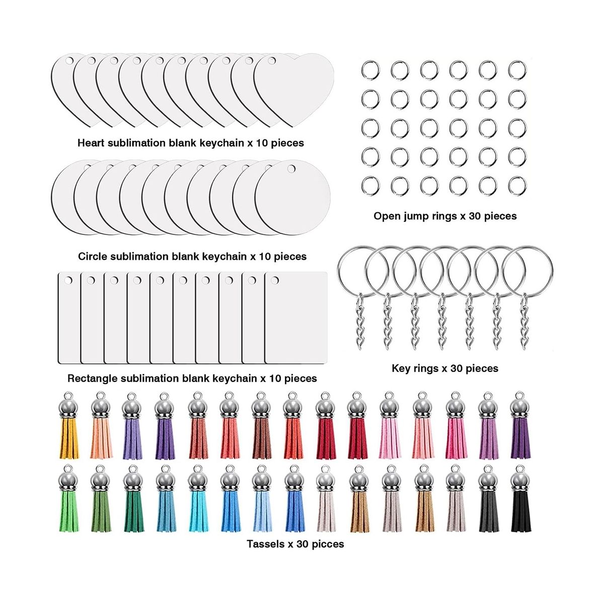 Sublimation Key Ring Blanks Set with Heat Transfer MDF Blank 3 Shapes Tassels Pendant Jump Rings Key Ring with Chain