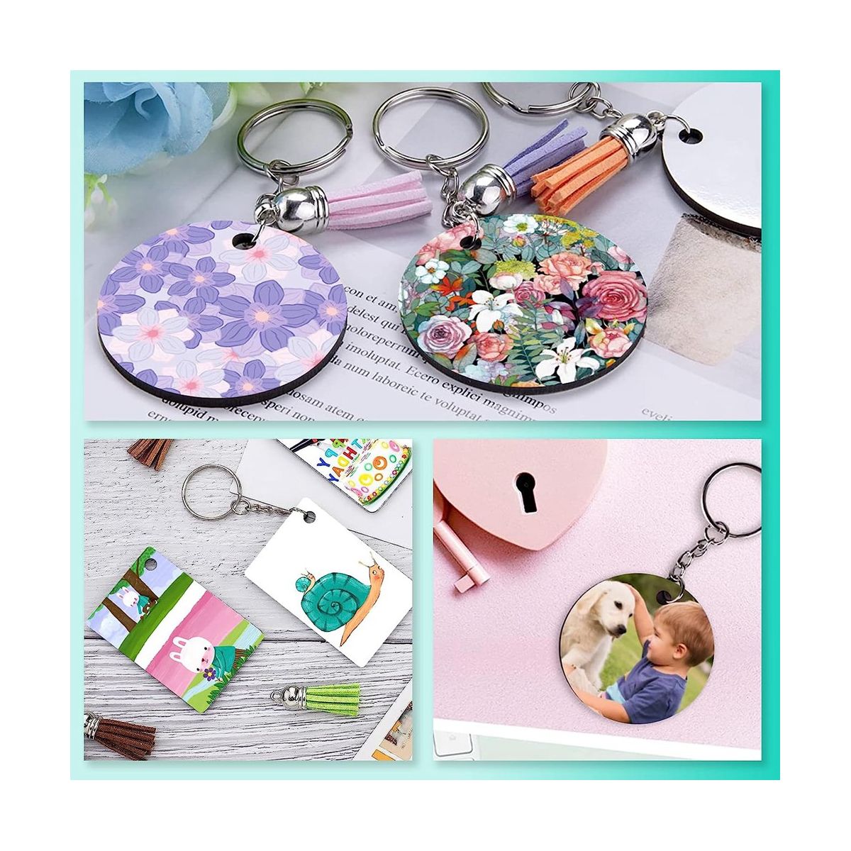 Sublimation Key Ring Blanks Set with Heat Transfer MDF Blank 3 Shapes Tassels Pendant Jump Rings Key Ring with Chain