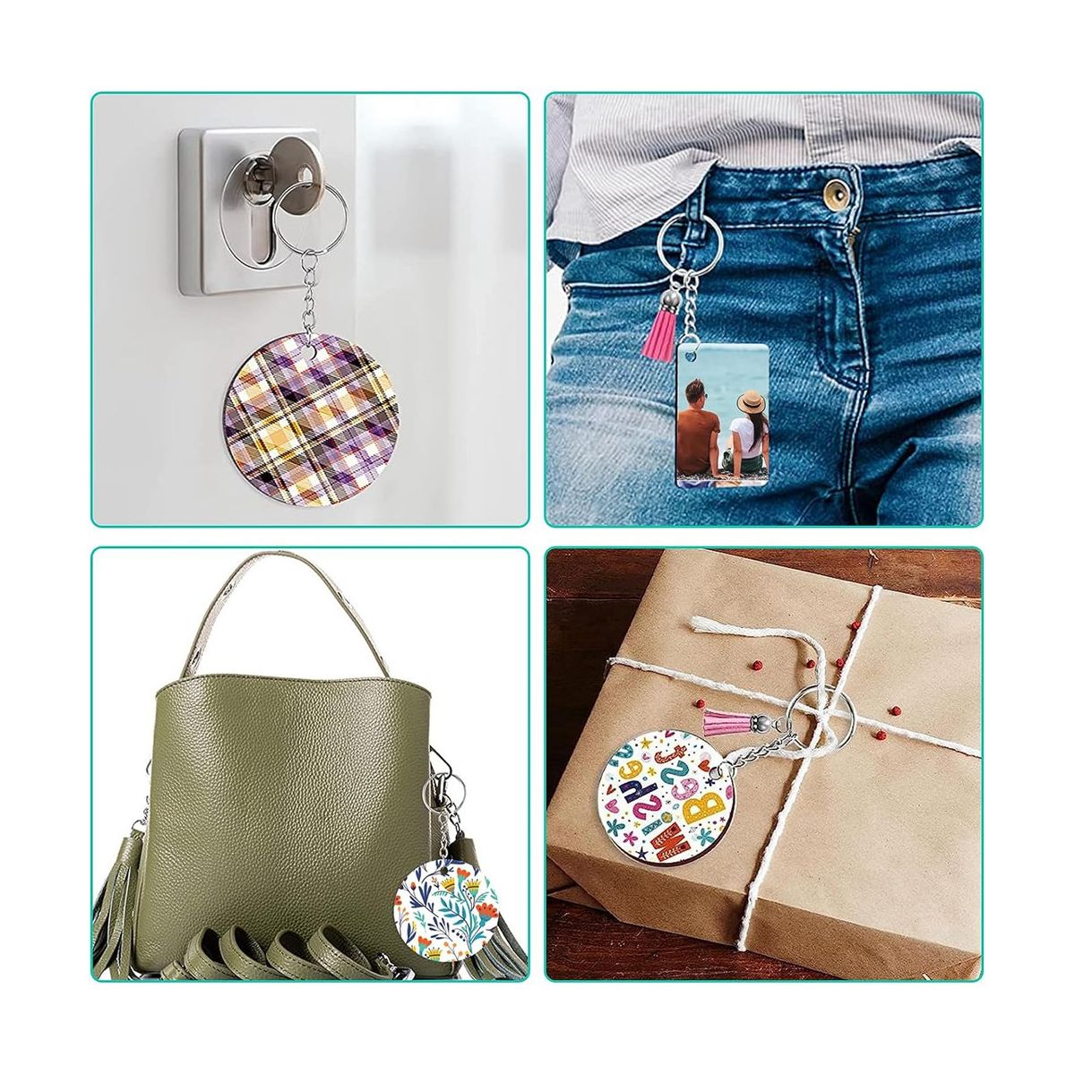 Sublimation Key Ring Blanks Set with Heat Transfer MDF Blank 3 Shapes Tassels Pendant Jump Rings Key Ring with Chain