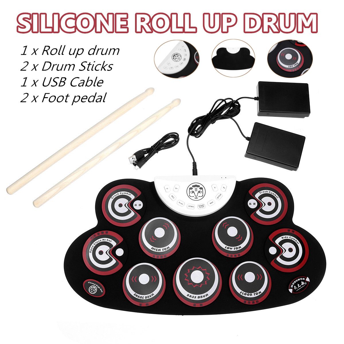 Roll-Up Drum Set Electronic 9 Silicon Drum Pads USB/ Powered For Kids