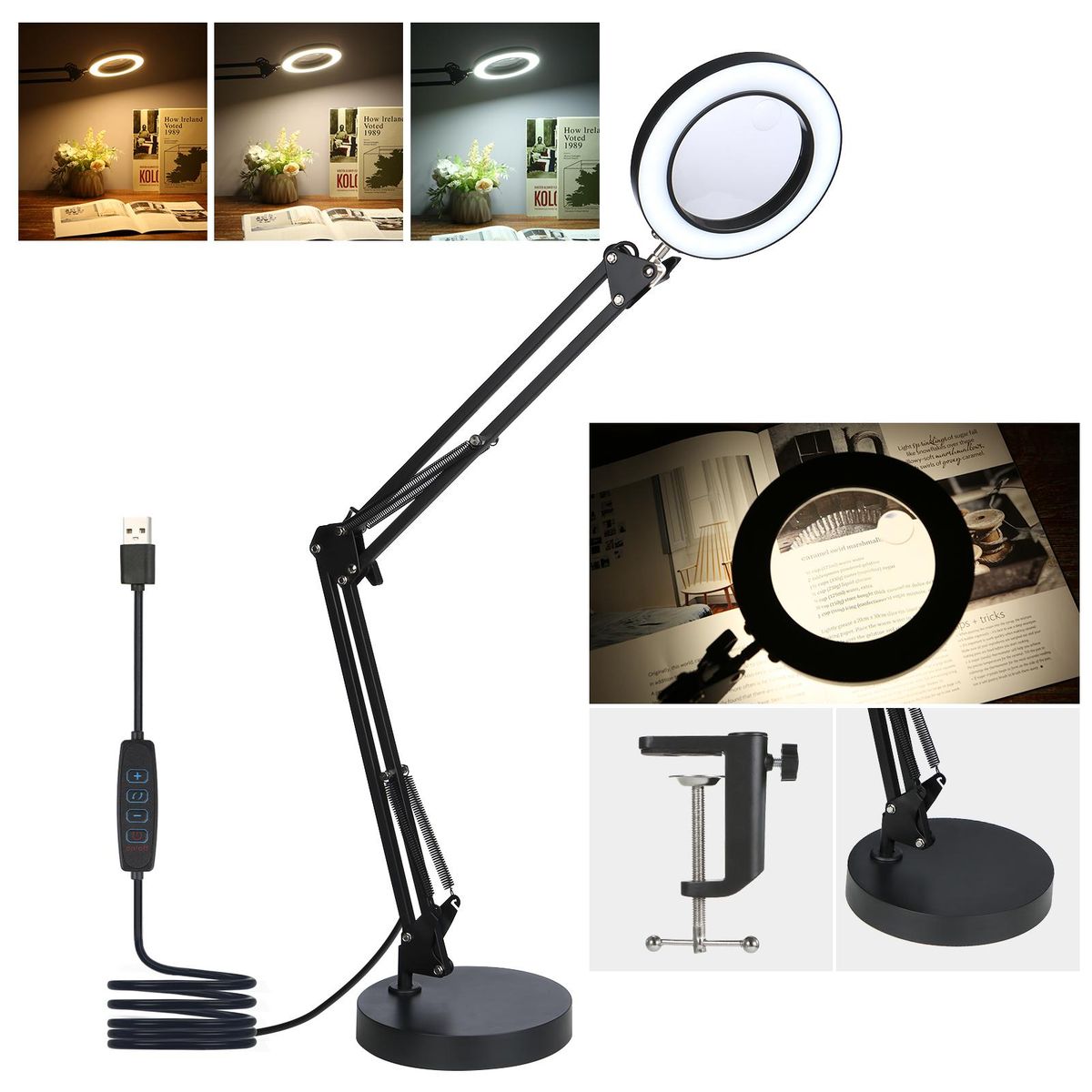 2 In 1 72LEDs 10W 5X/10X Magnifying Glass Desk Lamp LEDs Lighted Magnifier with Metal Clamp USB Powered/ 3 Colors Temperature Changing/ 10 Levels Dimmable Brightness Adjustable/ Power-off Memory Function/  Adjustable Illumina