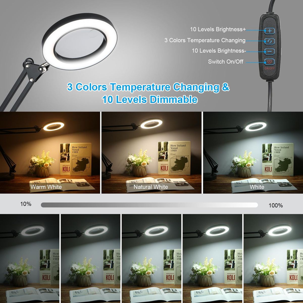 2 In 1 72LEDs 10W 5X/10X Magnifying Glass Desk Lamp LEDs Lighted Magnifier with Metal Clamp USB Powered/ 3 Colors Temperature Changing/ 10 Levels Dimmable Brightness Adjustable/ Power-off Memory Function/  Adjustable Illumina