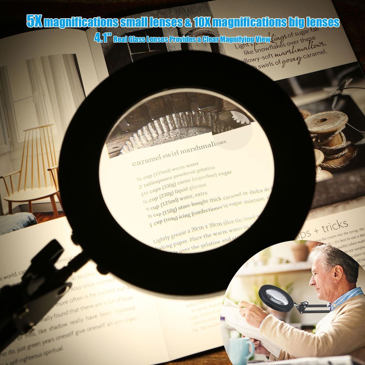 2 In 1 72LEDs 10W 5X/10X Magnifying Glass Desk Lamp LEDs Lighted Magnifier with Metal Clamp USB Powered/ 3 Colors Temperature Changing/ 10 Levels Dimmable Brightness Adjustable/ Power-off Memory Function/  Adjustable Illumina
