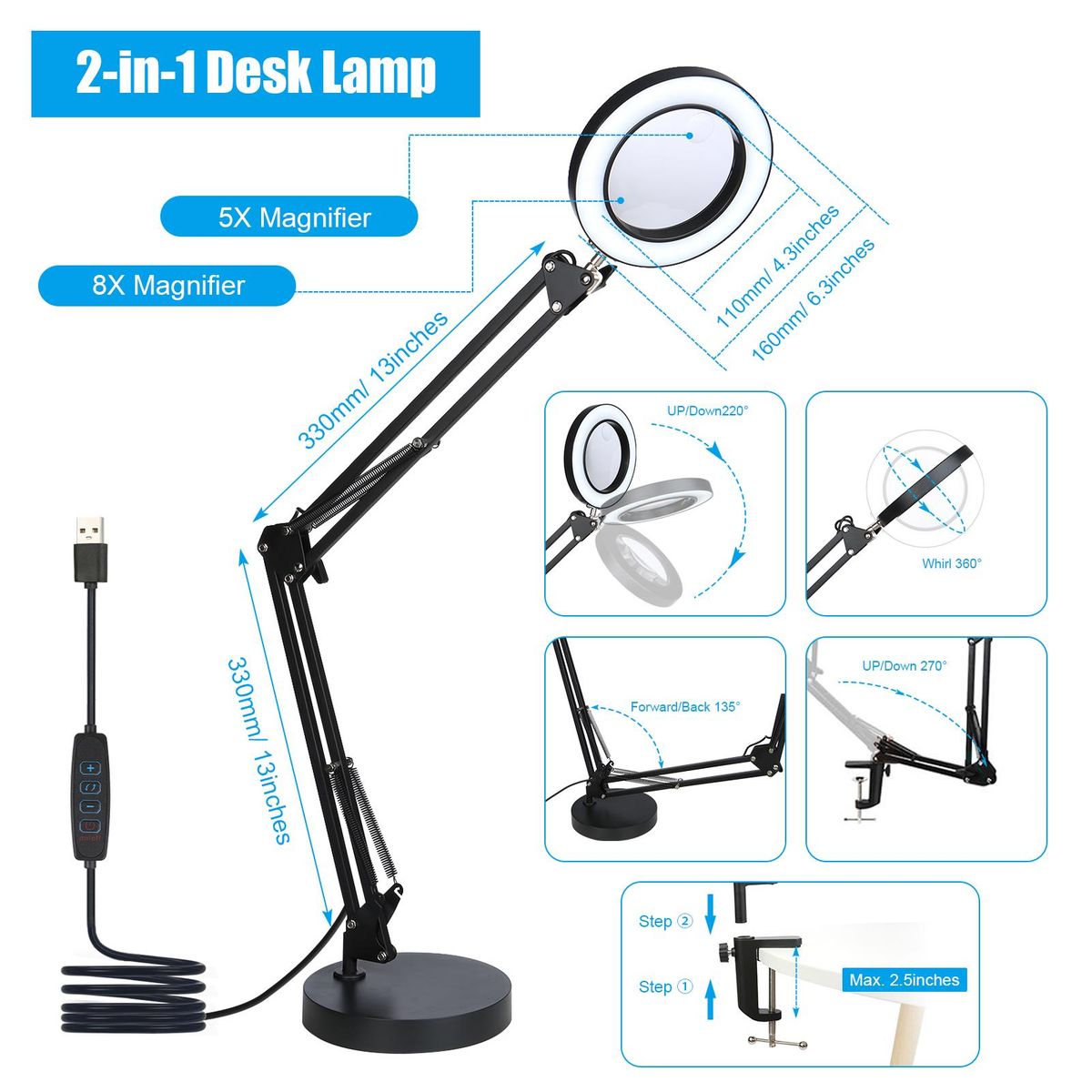 2 In 1 72LEDs 10W 5X/10X Magnifying Glass Desk Lamp LEDs Lighted Magnifier with Metal Clamp USB Powered/ 3 Colors Temperature Changing/ 10 Levels Dimmable Brightness Adjustable/ Power-off Memory Function/  Adjustable Illumina