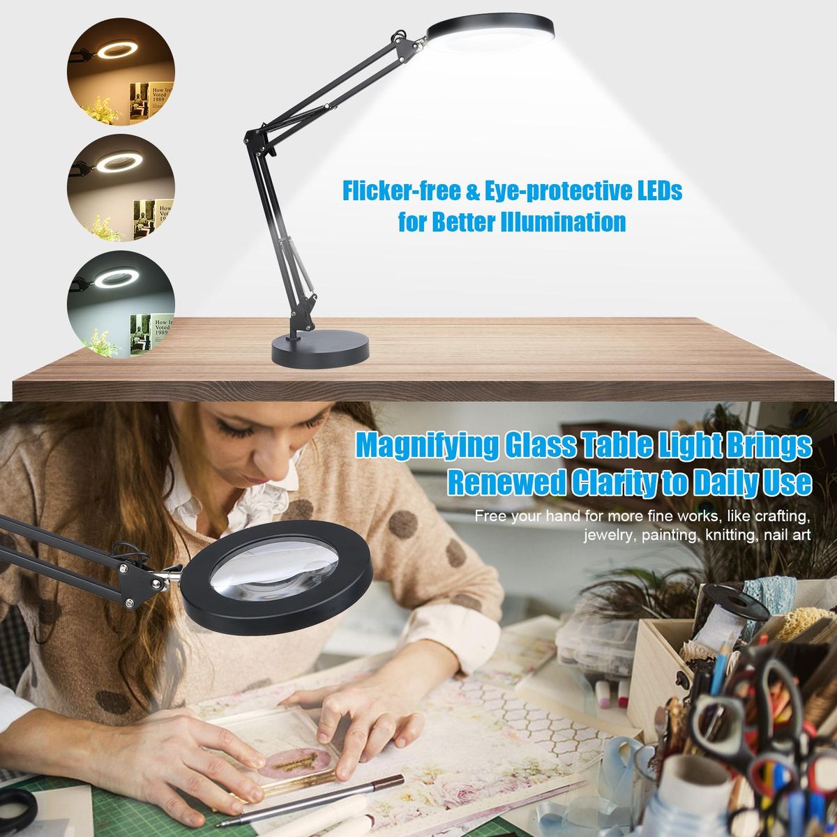 2 In 1 72LEDs 10W 5X/10X Magnifying Glass Desk Lamp LEDs Lighted Magnifier with Metal Clamp USB Powered/ 3 Colors Temperature Changing/ 10 Levels Dimmable Brightness Adjustable/ Power-off Memory Function/  Adjustable Illumina