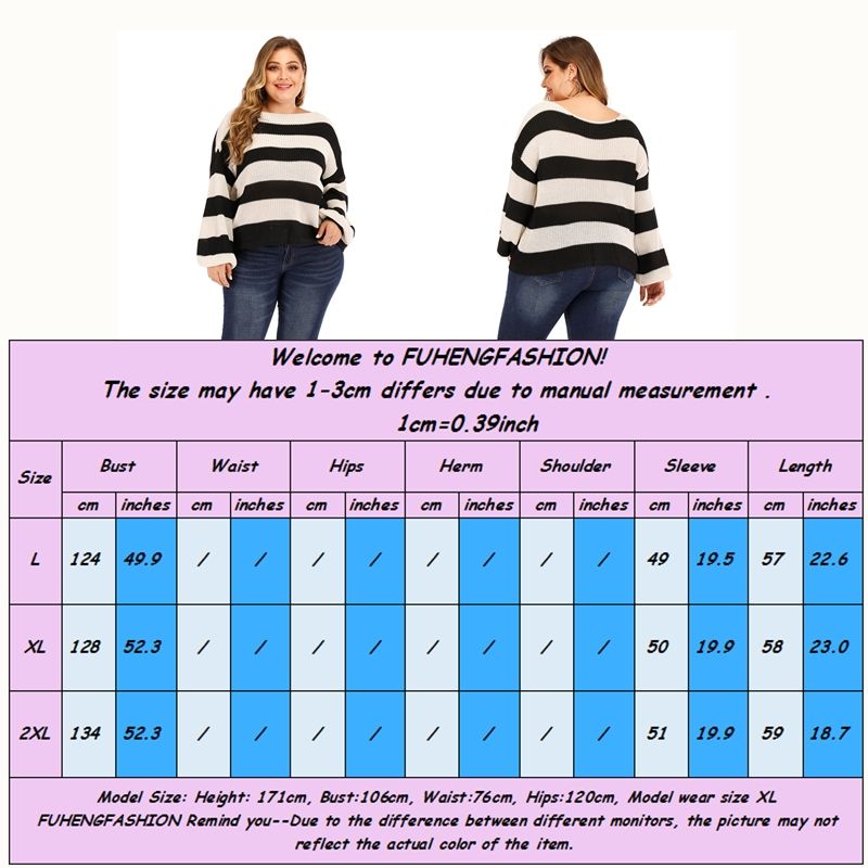 1712 L-2X Round Neck Lantern Sleeves Striped Plus Size Wool Sweater Blouse
