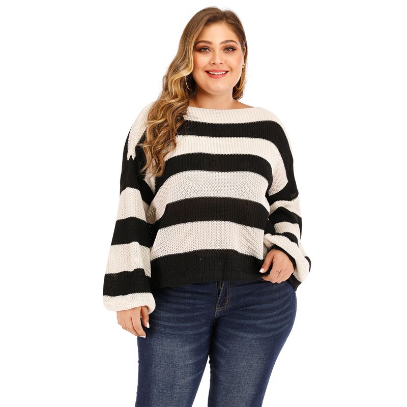 1712 L-2X Round Neck Lantern Sleeves Striped Plus Size Wool Sweater Blouse
