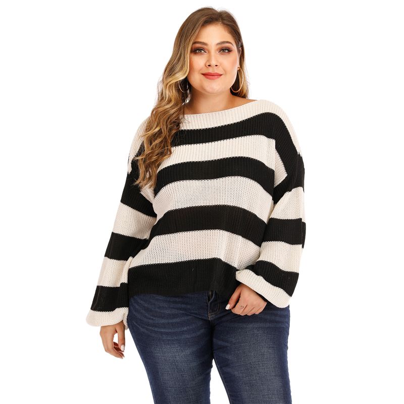 1712 L-2X Round Neck Lantern Sleeves Striped Plus Size Wool Sweater Blouse