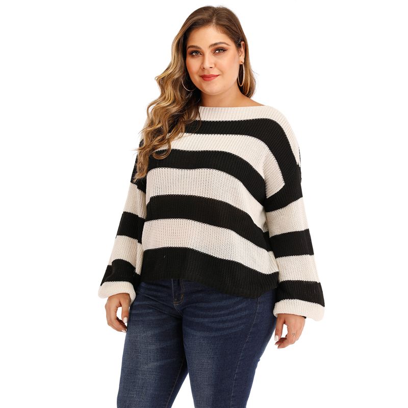 1712 L-2X Round Neck Lantern Sleeves Striped Plus Size Wool Sweater Blouse
