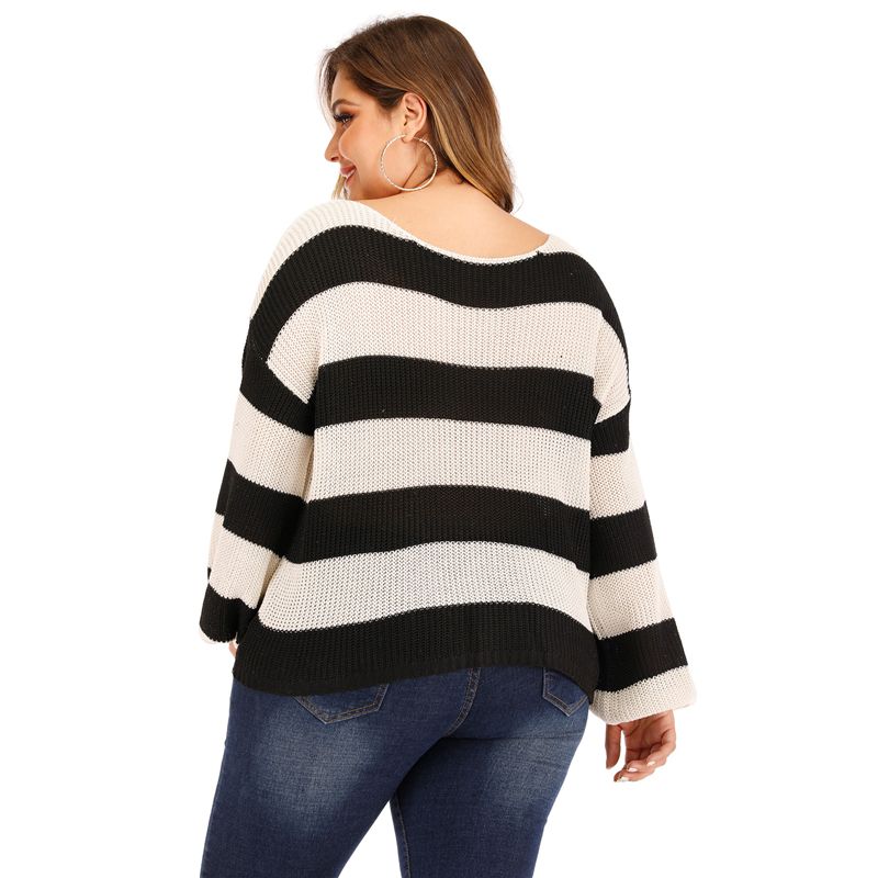 1712 L-2X Round Neck Lantern Sleeves Striped Plus Size Wool Sweater Blouse