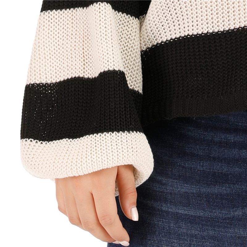 1712 L-2X Round Neck Lantern Sleeves Striped Plus Size Wool Sweater Blouse