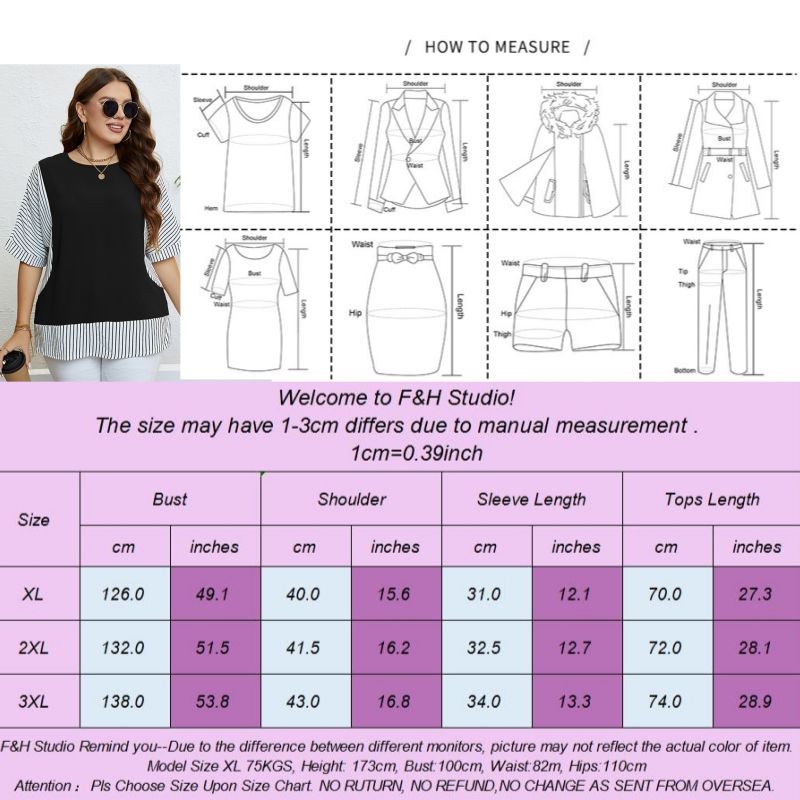 F&H 3412 XL-3XL Plus Size Striped Fake Two Pieces Top Black