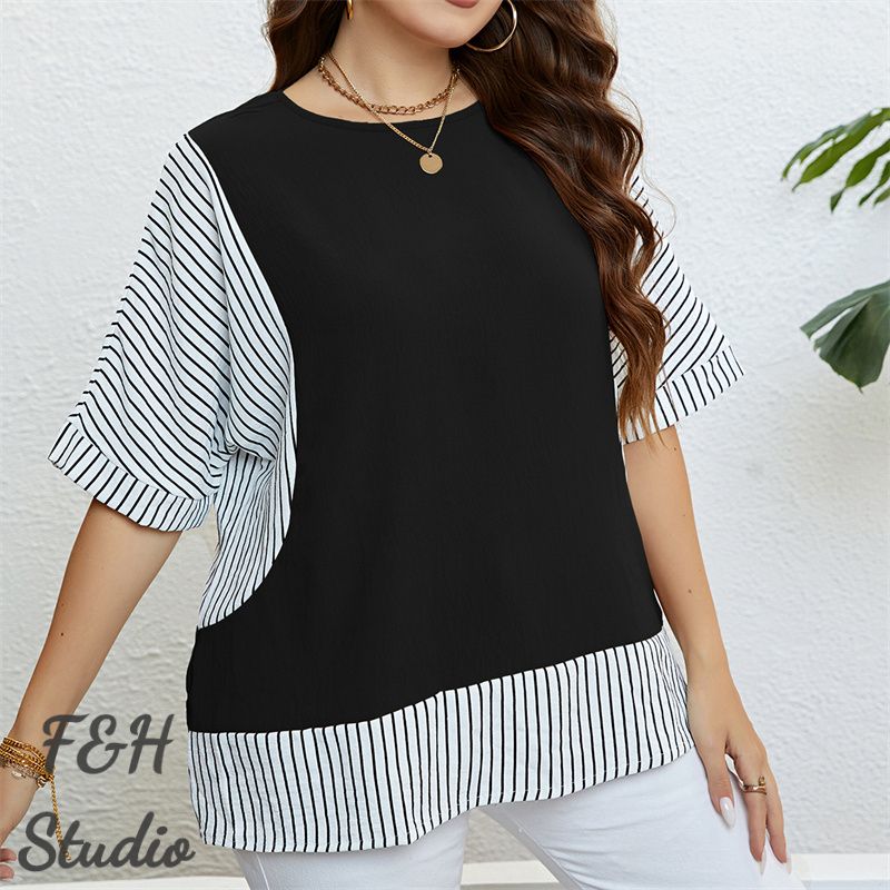 F&H 3412 XL-3XL Plus Size Striped Fake Two Pieces Top Black