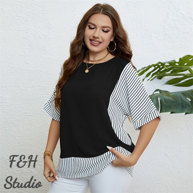 F&H 3412 XL-3XL Plus Size Striped Fake Two Pieces Top Black