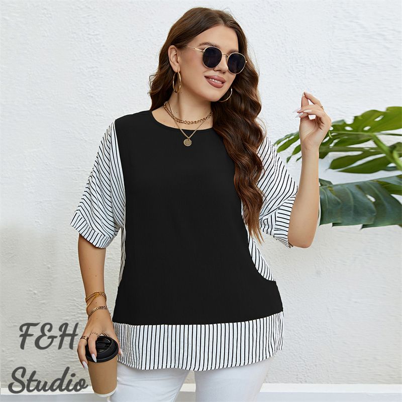 F&H 3412 XL-3XL Plus Size Striped Fake Two Pieces Top Black
