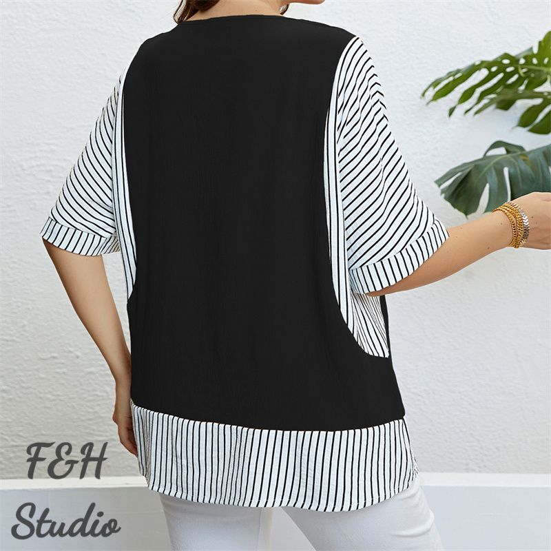 F&H 3412 XL-3XL Plus Size Striped Fake Two Pieces Top Black
