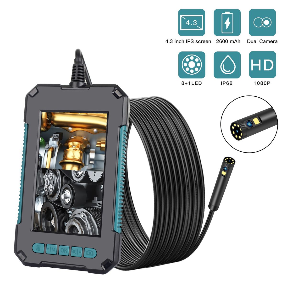 Car Video Endoscope Dual Camera Boroscope Double Lens Flexible Camera Sewer Drain  Engine  Camera With Screen-Green