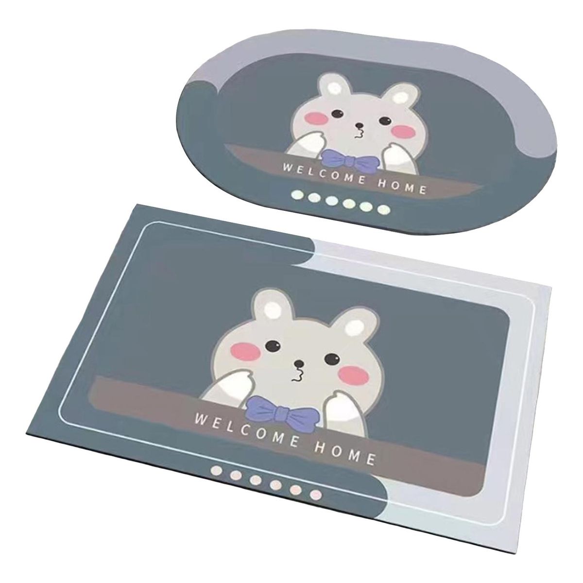 2Pcs Bathroom Rug Cartoon Bear Printing Anti-slip Floor Doormat Decoration Grey