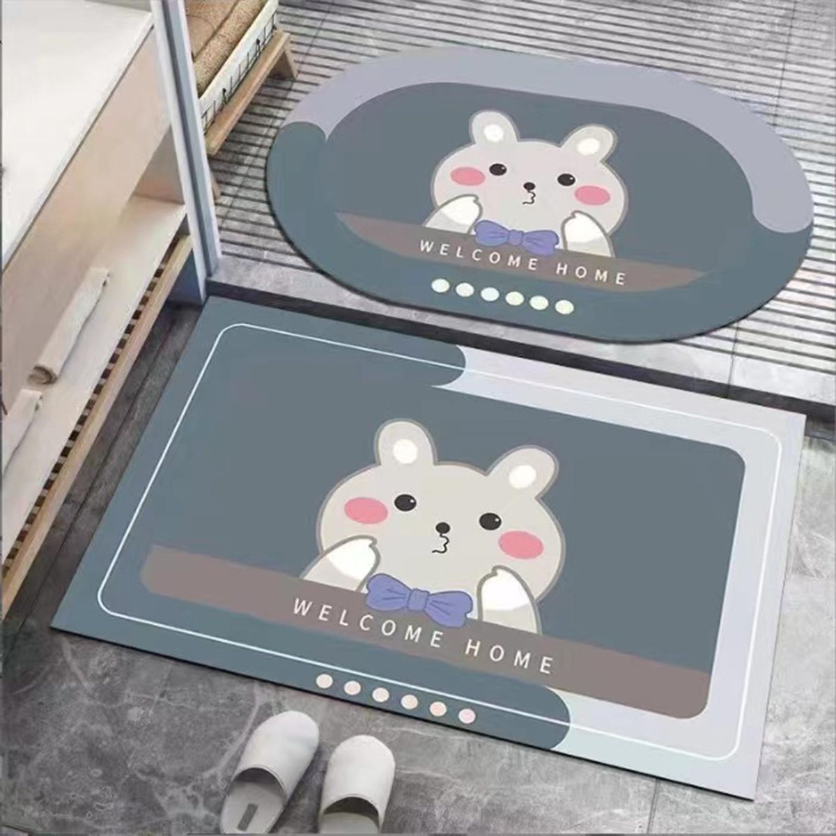 2Pcs Bathroom Rug Cartoon Bear Printing Anti-slip Floor Doormat Decoration Grey