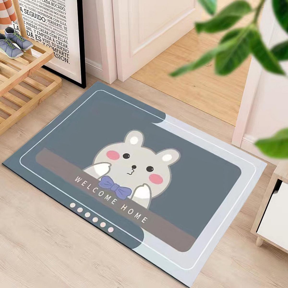2Pcs Bathroom Rug Cartoon Bear Printing Anti-slip Floor Doormat Decoration Grey
