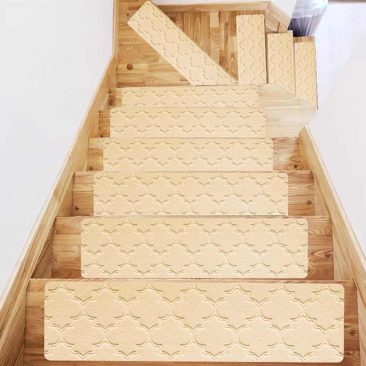 Stair Carpet Leaf Embossed Stair Step Floor Mat Light Yellow