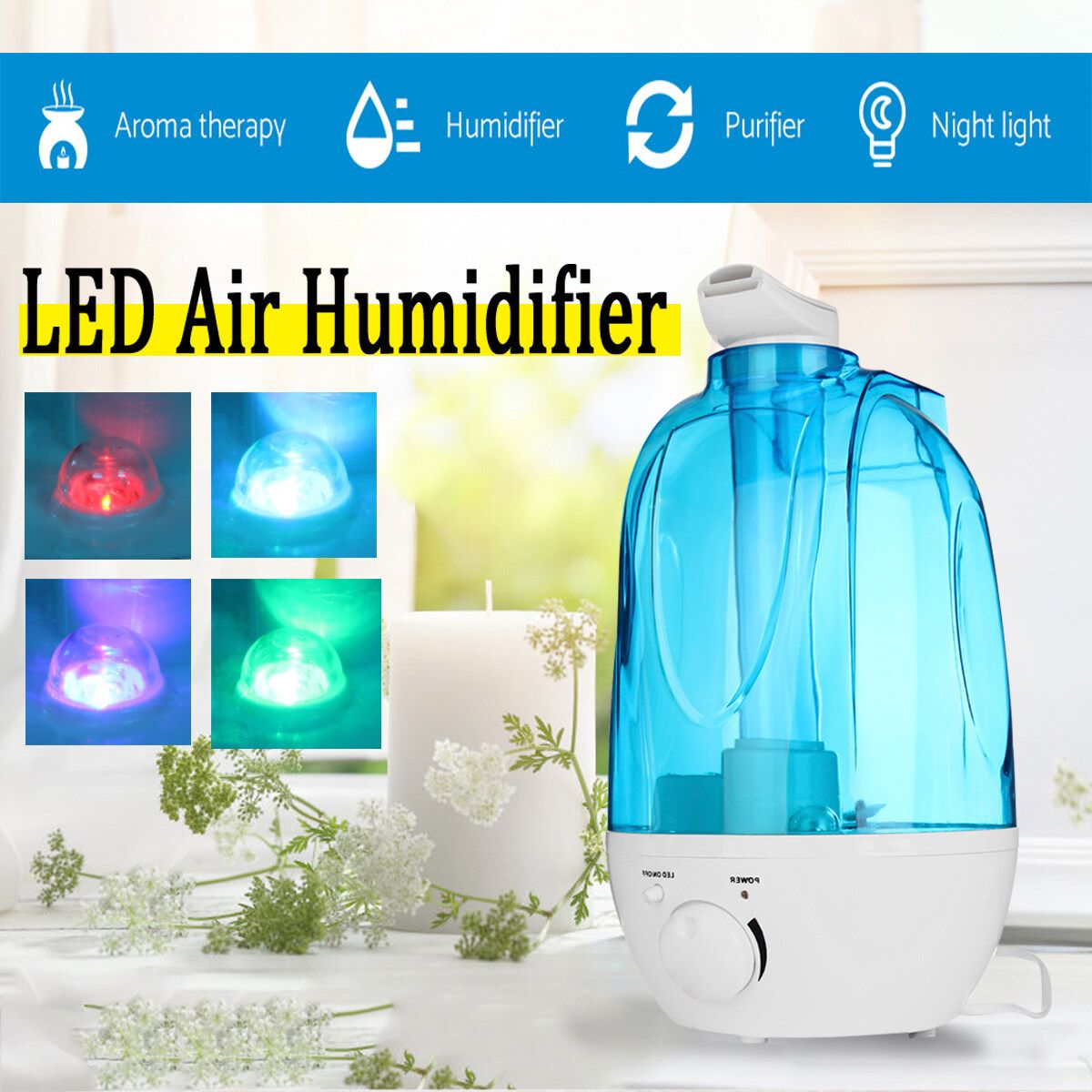 4L Potable LED Ultrasonic Humidifier Atomiser Air Purifier Home/Office 20m2 Room