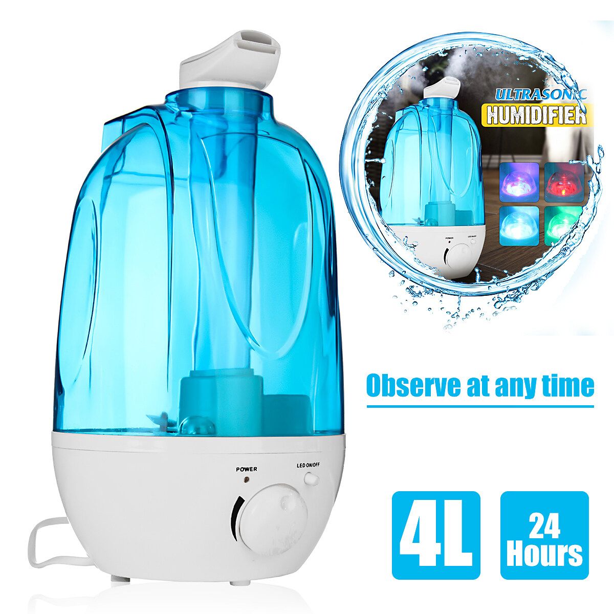 4L Potable LED Ultrasonic Humidifier Atomiser Air Purifier Home/Office 20m2 Room
