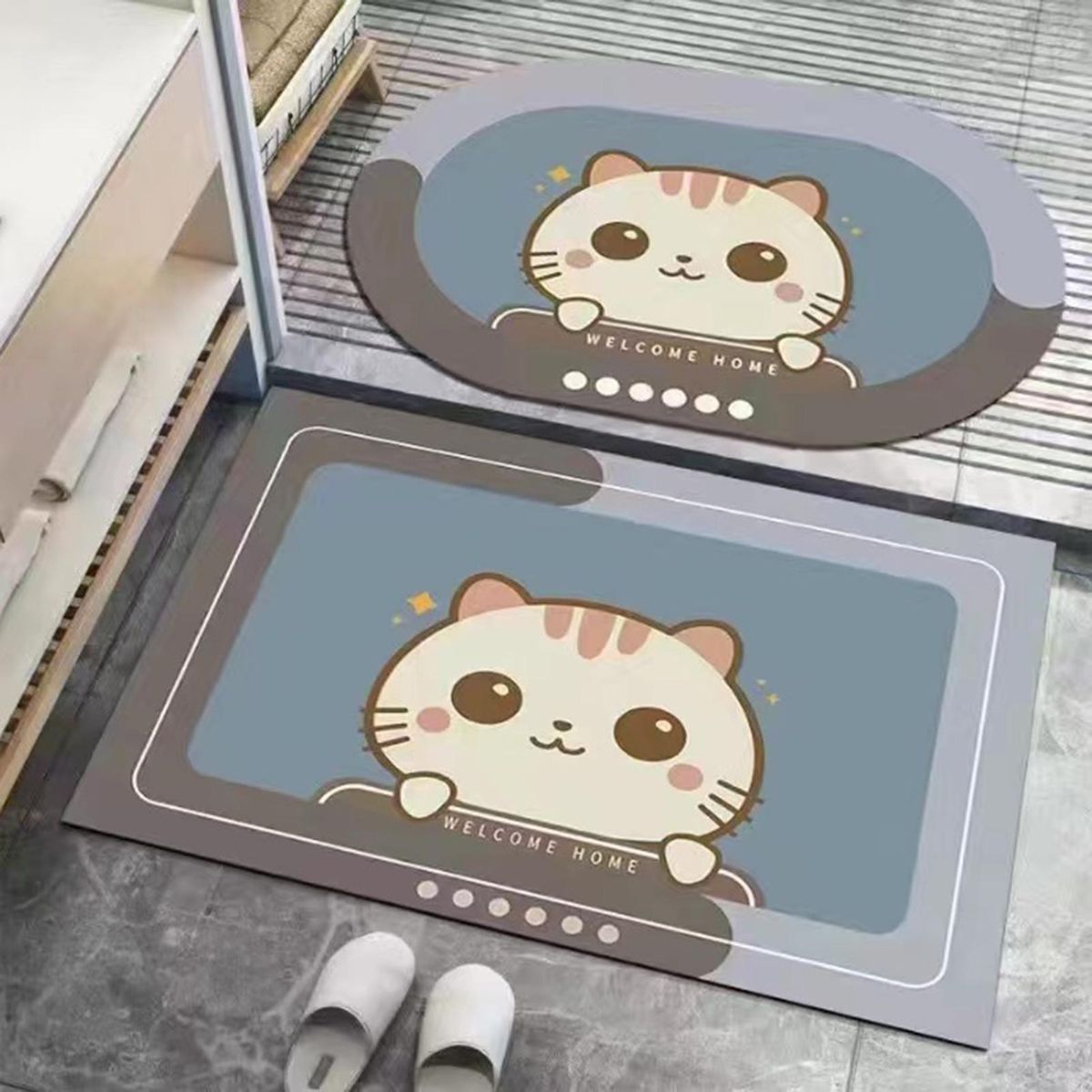 2Pcs Bathroom Rug Cartoon Bear Printing Anti-slip Floor Doormat Decoration Yellow
