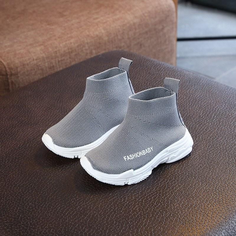 Autumn new style Korean children's socks shoes boys and girls fly woven breathable mesh sneakers high-top elastic shoes gray 28