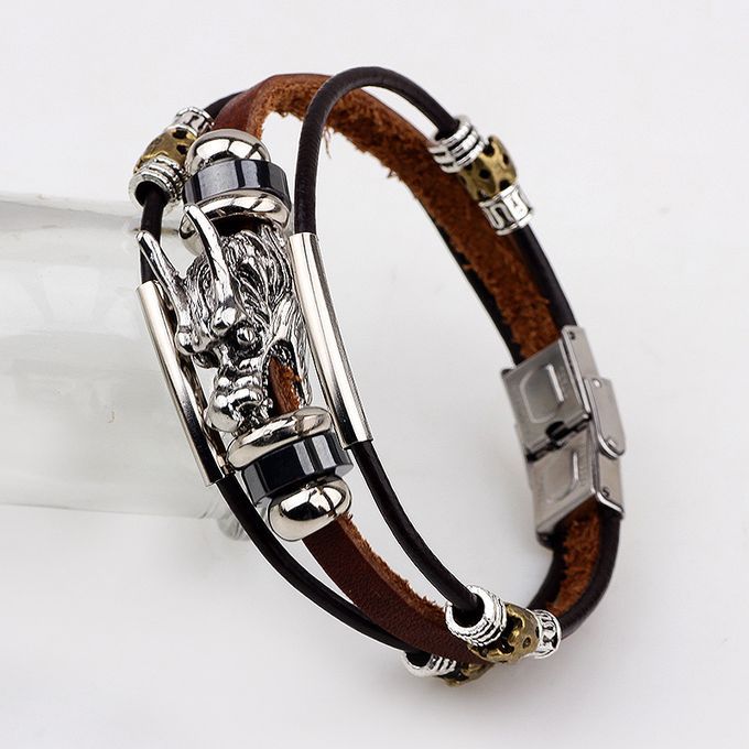 Tibetan Silver Men's Genuine Leather Bracelet Fashion Men's Retro Dragon