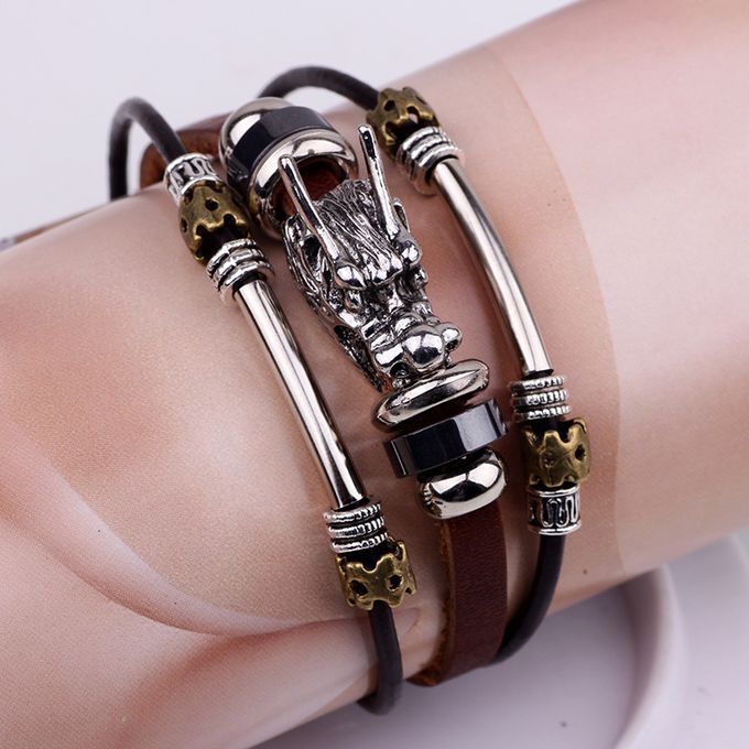 Tibetan Silver Men's Genuine Leather Bracelet Fashion Men's Retro Dragon
