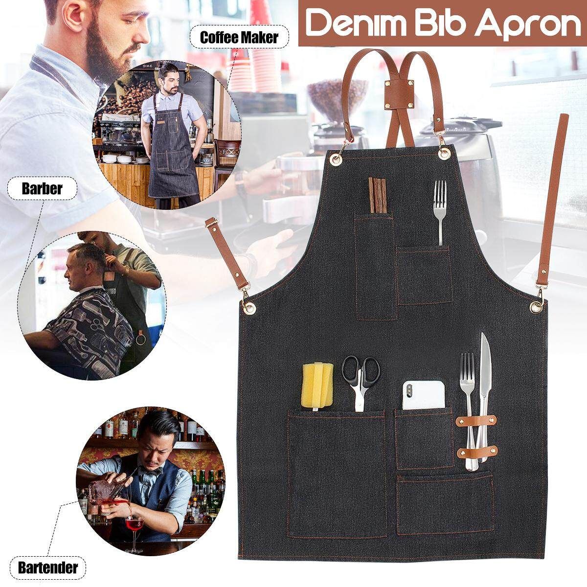 Denim Bib Apron Leather Strap Barista Baker Bartender BBQ Chef Work Uniform Cook