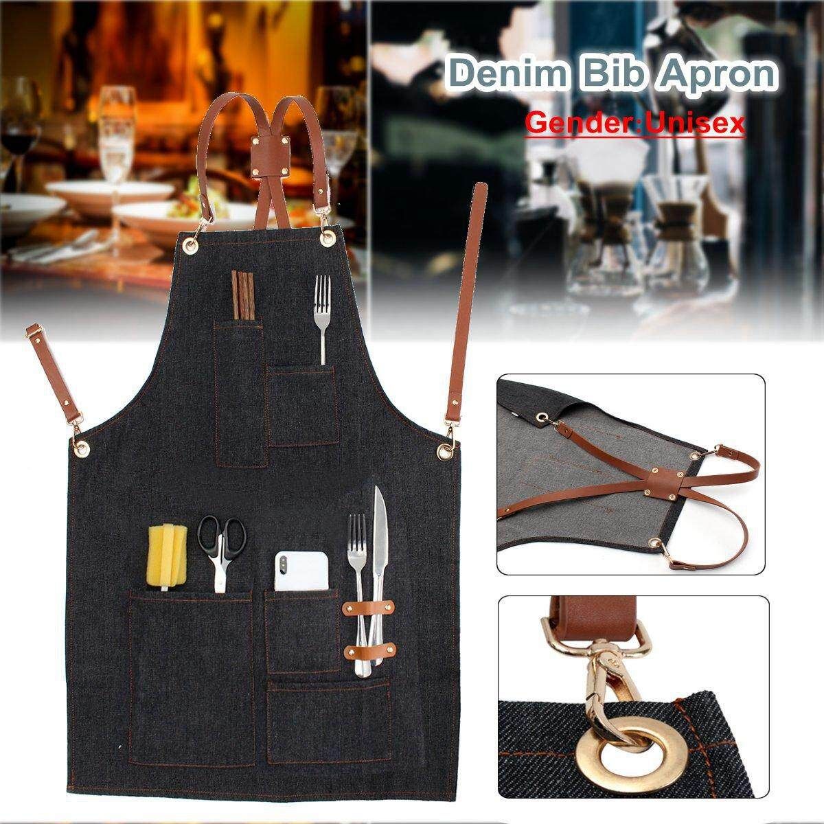 Denim Bib Apron Leather Strap Barista Baker Bartender BBQ Chef Work Uniform Cook