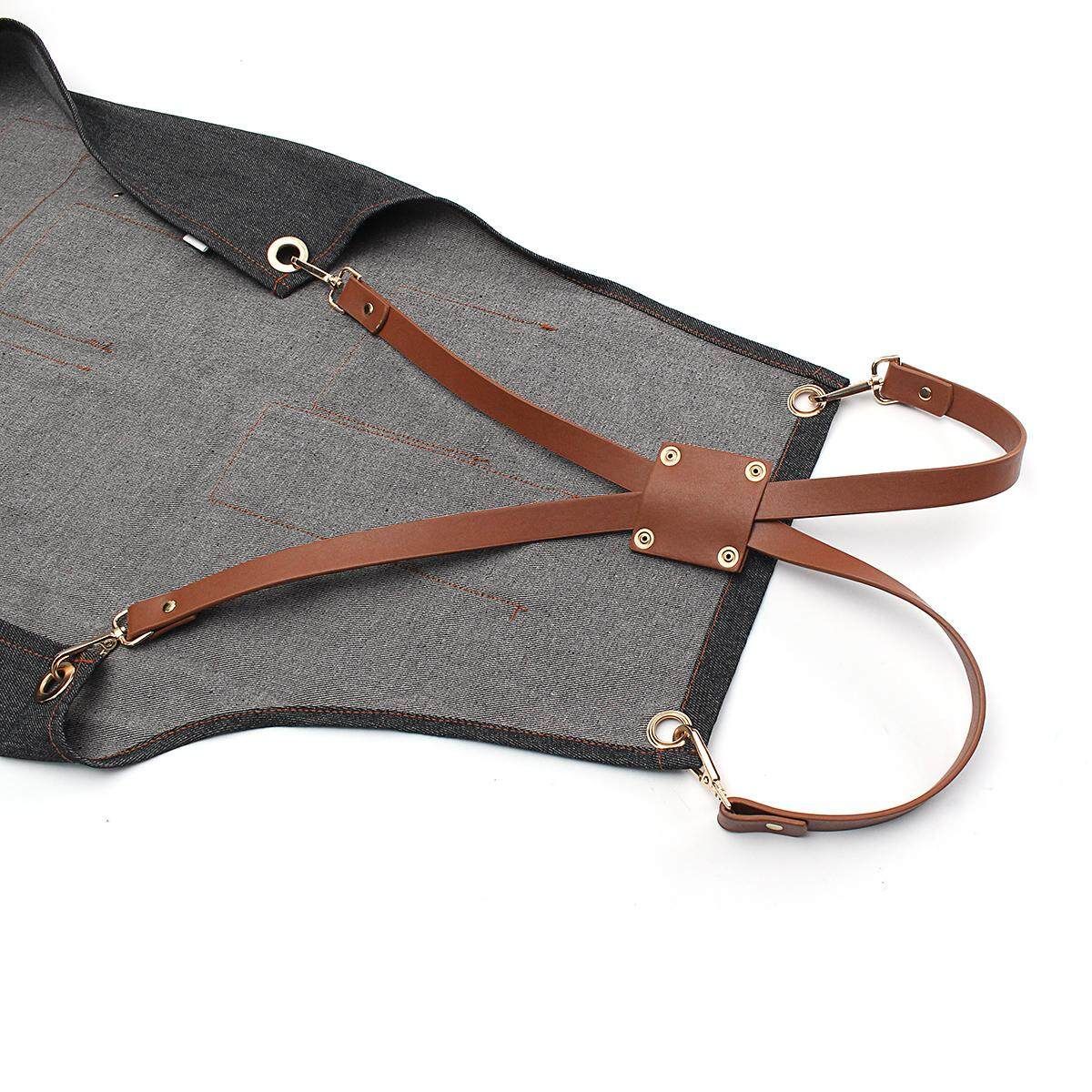 Denim Bib Apron Leather Strap Barista Baker Bartender BBQ Chef Work Uniform Cook
