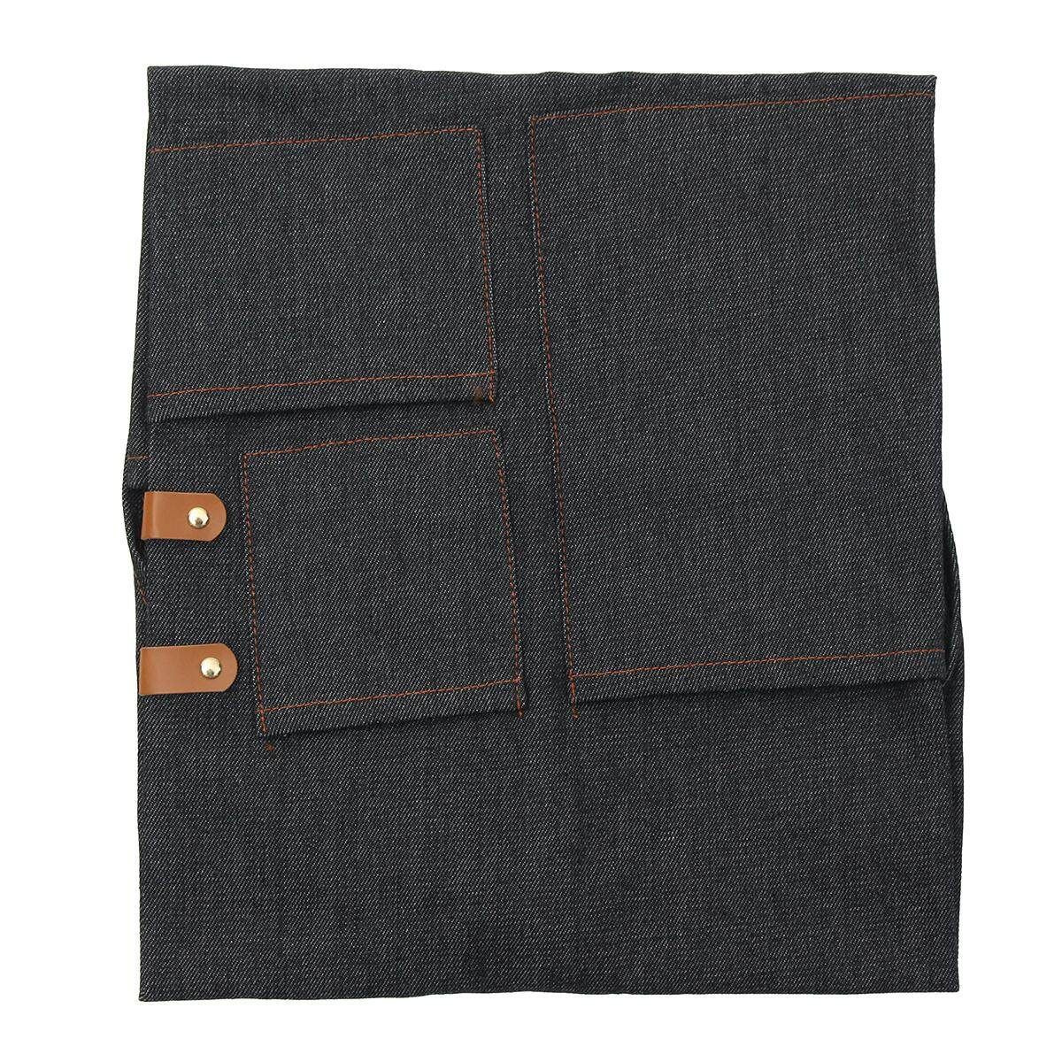 Denim Bib Apron Leather Strap Barista Baker Bartender BBQ Chef Work Uniform Cook