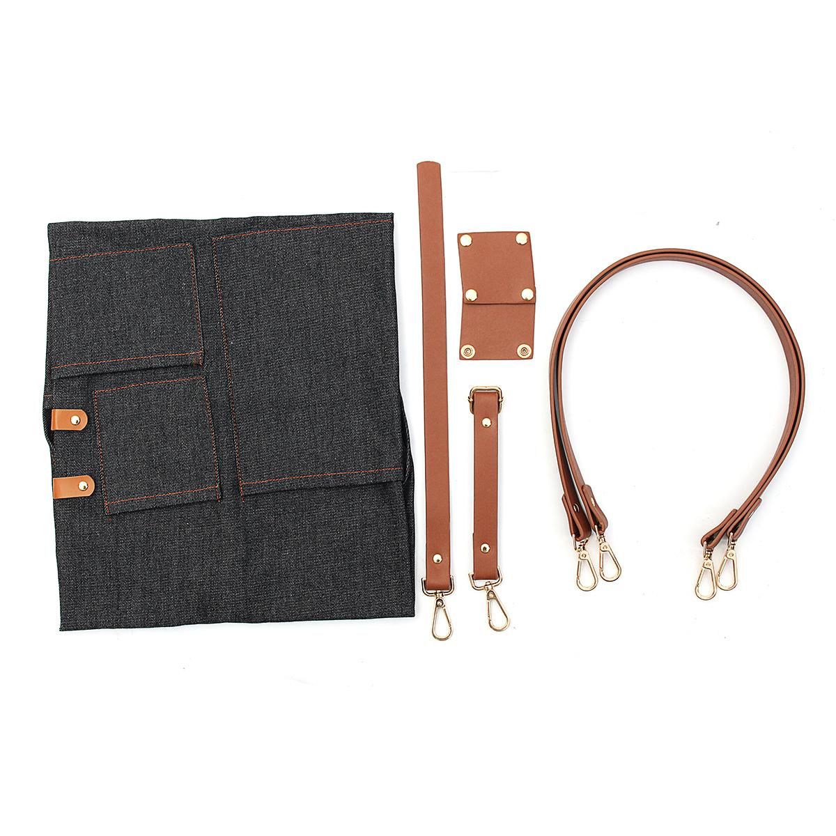 Denim Bib Apron Leather Strap Barista Baker Bartender BBQ Chef Work Uniform Cook