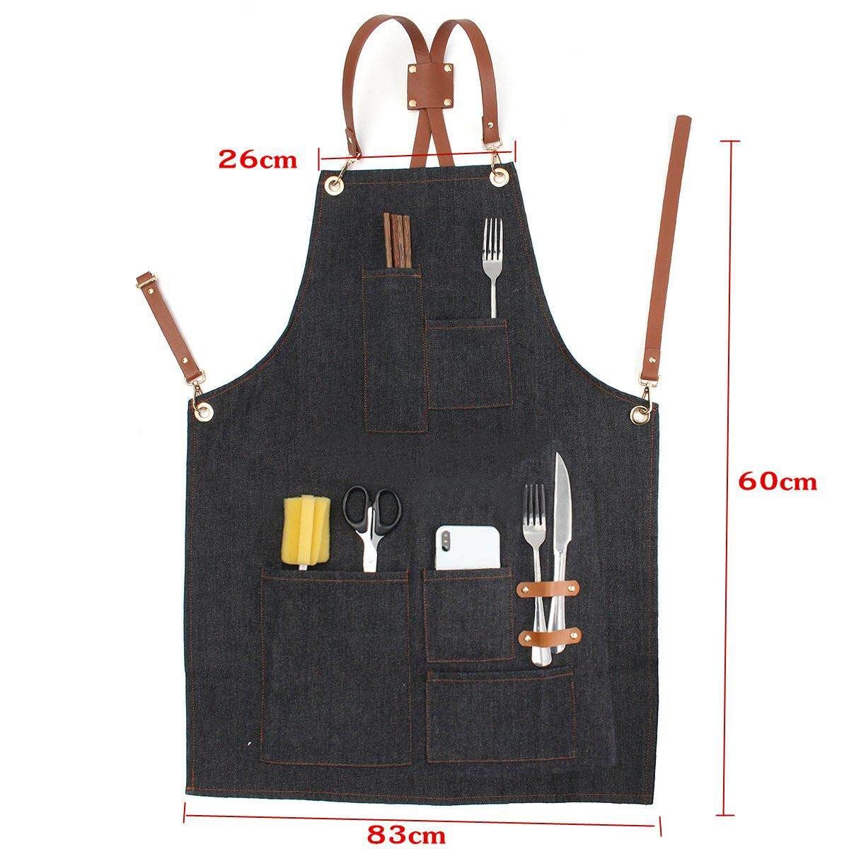 Denim Bib Apron Leather Strap Barista Baker Bartender BBQ Chef Work Uniform Cook