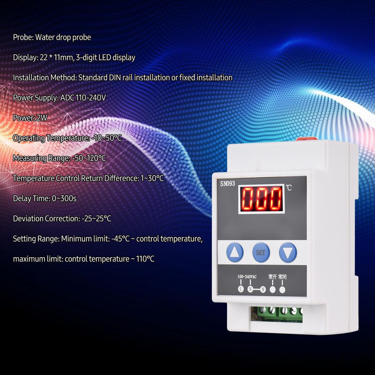 110-240V Rail Thermostat One-way Temperature Controller LED Digital Temperature Controlling Switch Constant Temperature Refrigeration Cooling & Heating with Water Drop Probe