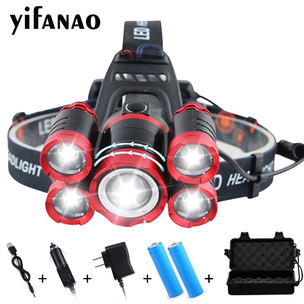 40000 Lums Ultra Bright LED Headlamp 5*T6 LED Headlight 4 Mode Zoom Head Lamp Rechargeable Forehead Light Use 2*18650 Battery FRASER