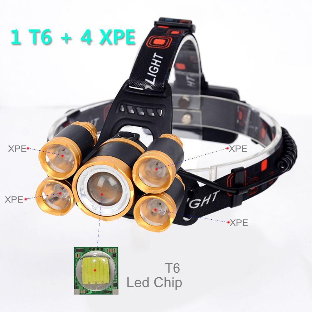 40000 Lums Ultra Bright LED Headlamp 5*T6 LED Headlight 4 Mode Zoom Head Lamp Rechargeable Forehead Light Use 2*18650 Battery FRASER