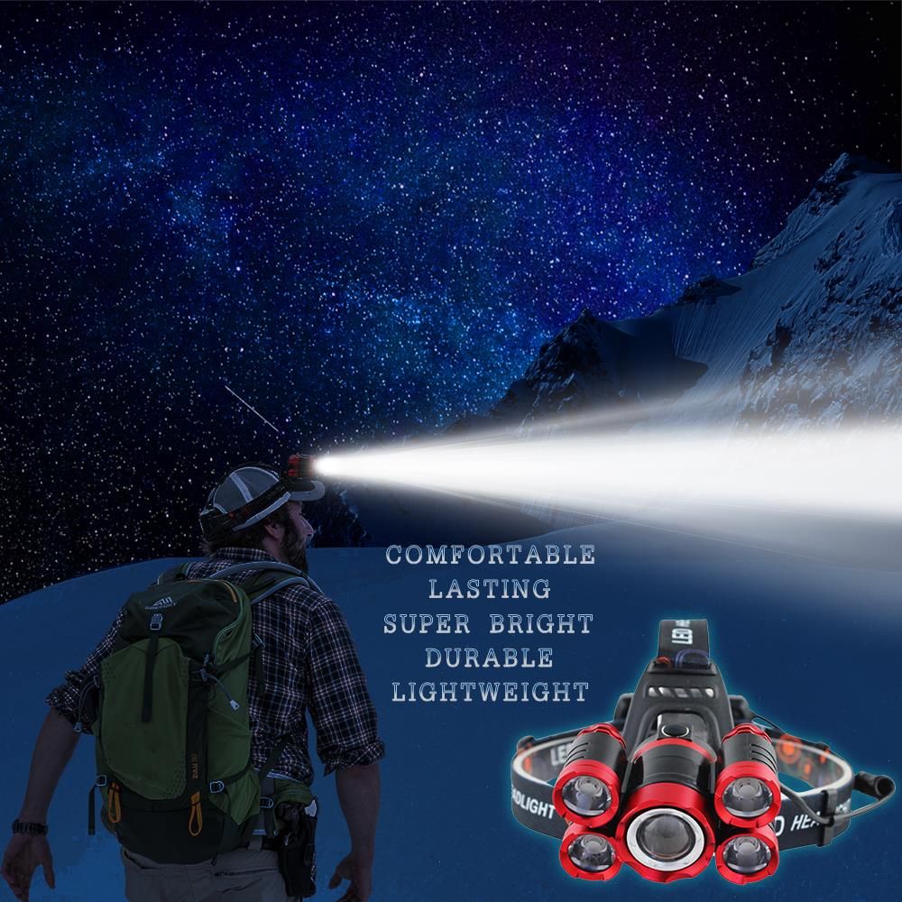 40000 Lums Ultra Bright LED Headlamp 5*T6 LED Headlight 4 Mode Zoom Head Lamp Rechargeable Forehead Light Use 2*18650 Battery FRASER