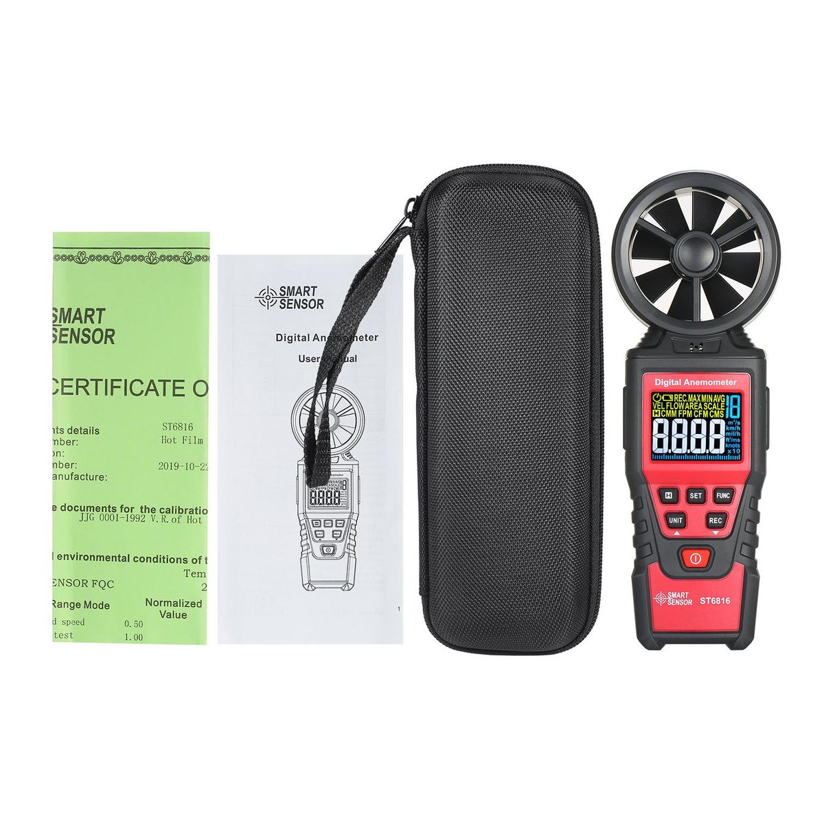 SMART SENSOR ST6816 Handheld Digital Anemometer Wind Speed Measurement Measurer Air Velocity Airflow Meter Gauge with LCD Backlight Measuring Range 0.40m/s~30.00m/s Maximum/Minimum/Average Value Storage Bag for Shooting(Batte