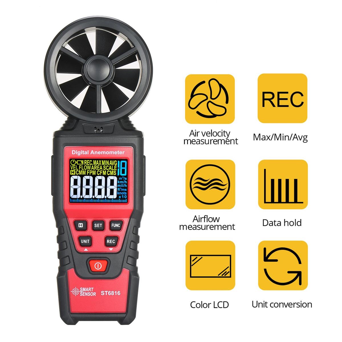 SMART SENSOR ST6816 Handheld Digital Anemometer Wind Speed Measurement Measurer Air Velocity Airflow Meter Gauge with LCD Backlight Measuring Range 0.40m/s~30.00m/s Maximum/Minimum/Average Value Storage Bag for Shooting(Batte