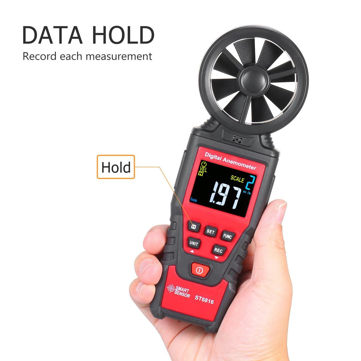SMART SENSOR ST6816 Handheld Digital Anemometer Wind Speed Measurement Measurer Air Velocity Airflow Meter Gauge with LCD Backlight Measuring Range 0.40m/s~30.00m/s Maximum/Minimum/Average Value Storage Bag for Shooting(Batte