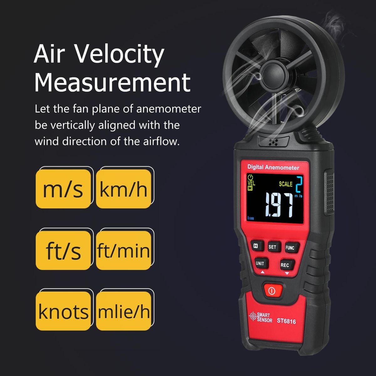 SMART SENSOR ST6816 Handheld Digital Anemometer Wind Speed Measurement Measurer Air Velocity Airflow Meter Gauge with LCD Backlight Measuring Range 0.40m/s~30.00m/s Maximum/Minimum/Average Value Storage Bag for Shooting(Batte
