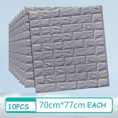 10pcs Pe Foam 3D Self Adhesive Brick Wallpaper Sticker - Silver Grey