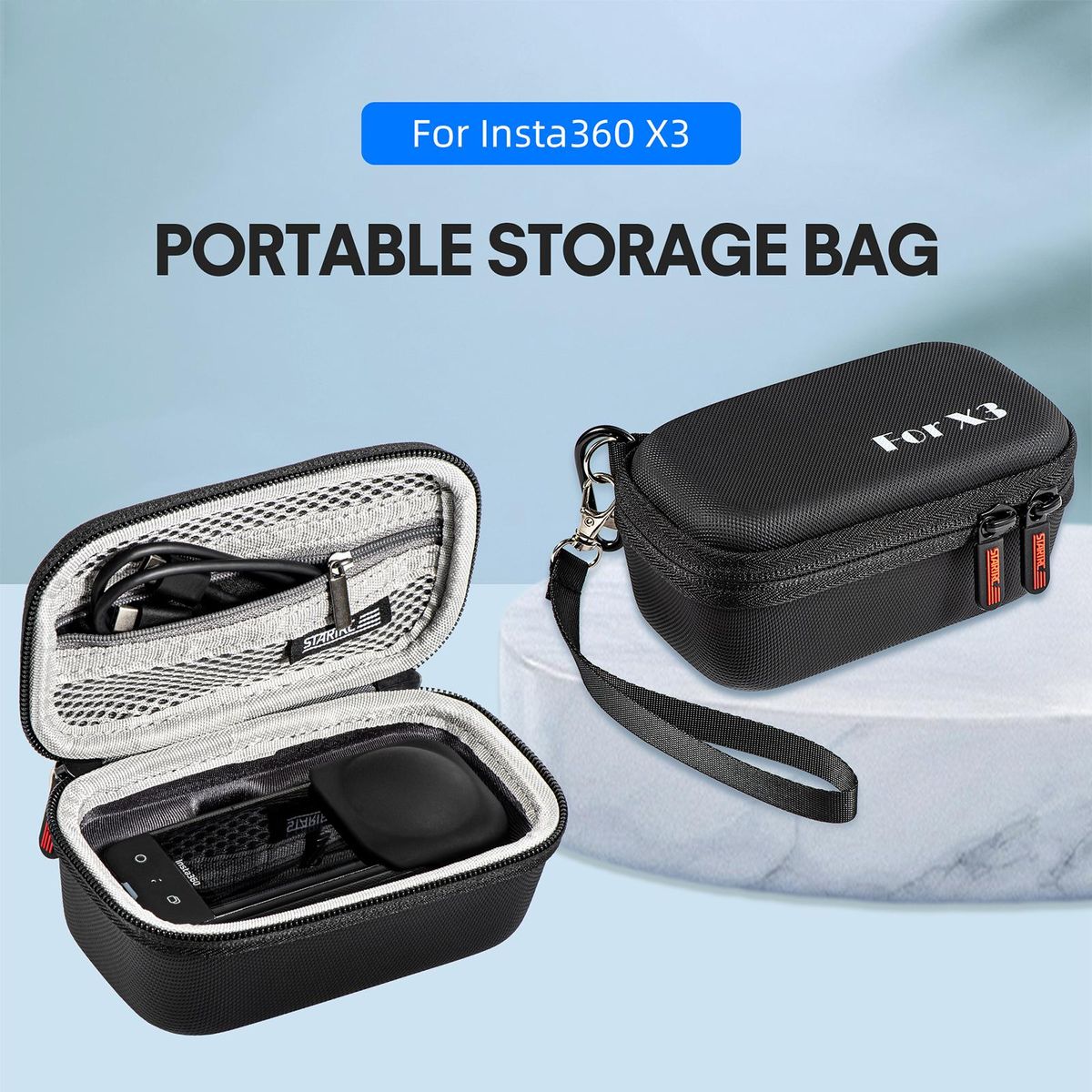 STARTRC Portable Sports Camera Storage Bag Small Carrying Case Hardshell Protective Case Shockproof Waterproof with Wrist Strap Carabiner Compatible with Insta360 X3