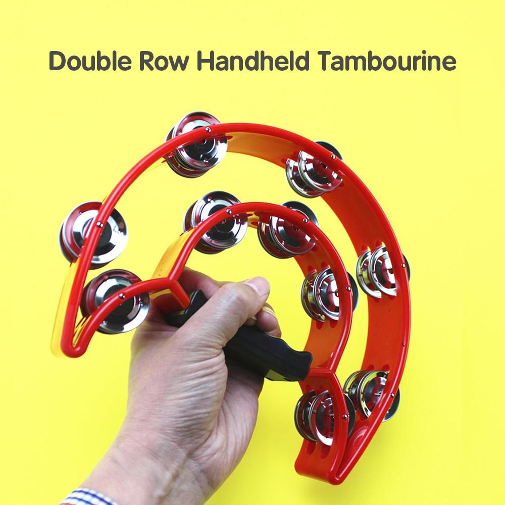 Double Row Handheld Tambourine Metal Jingles Hand Held Plastic Musical Percussion Drum Half Moon Hand Bell for Adults Kids KTV Party Bar