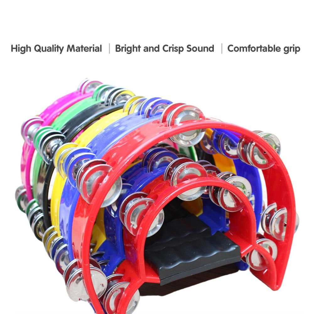 Double Row Handheld Tambourine Metal Jingles Hand Held Plastic Musical Percussion Drum Half Moon Hand Bell for Adults Kids KTV Party Bar