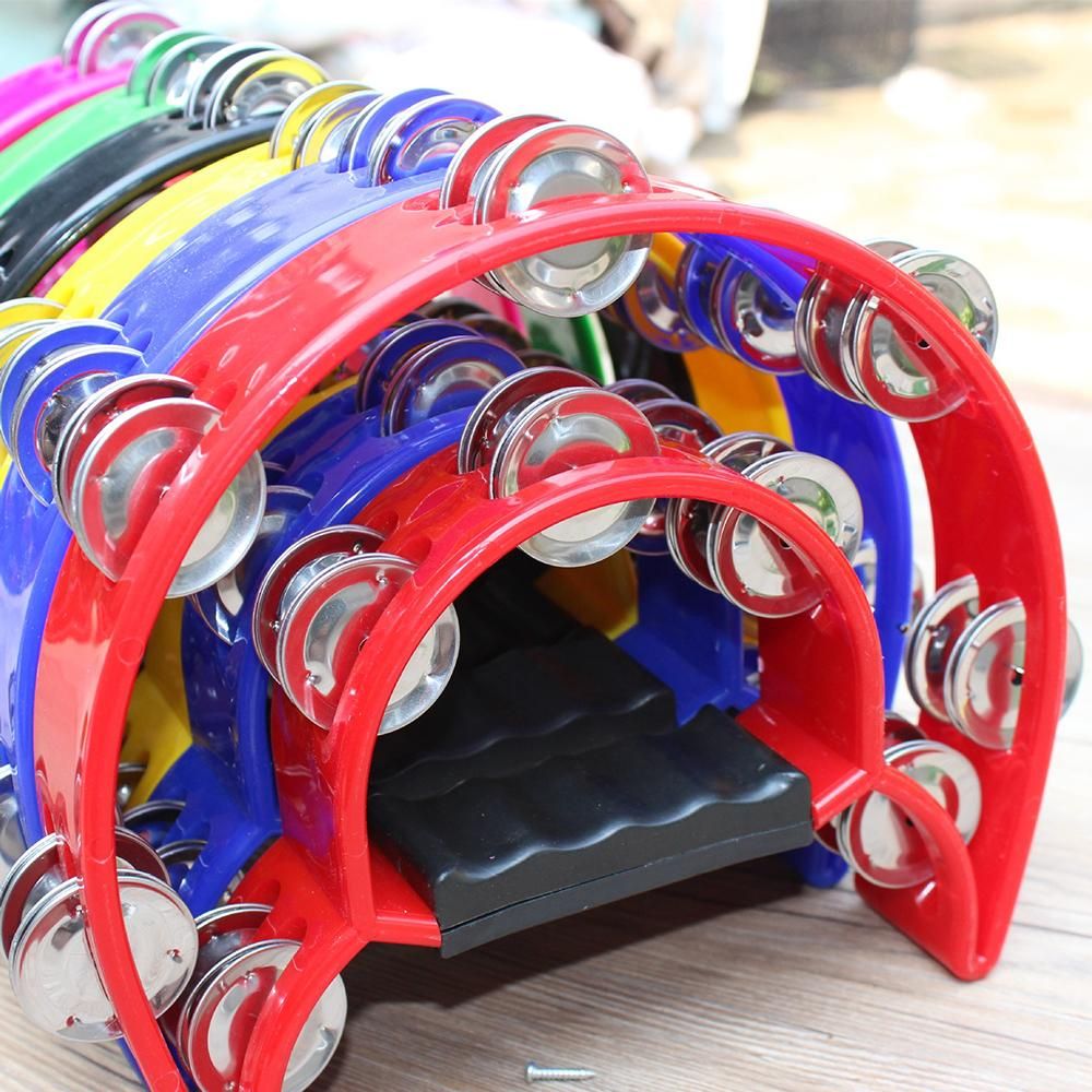 Double Row Handheld Tambourine Metal Jingles Hand Held Plastic Musical Percussion Drum Half Moon Hand Bell for Adults Kids KTV Party Bar